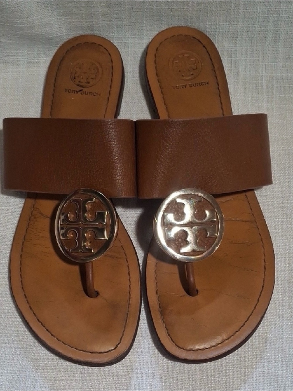 Tory Burch Cognac Leather Slide Sandals with Gold Emblem